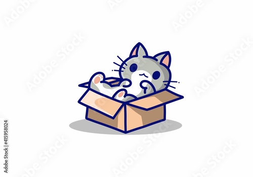 Little grey cat in the box kawaii illustration