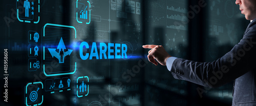 Career Inscription and people icons on virtual screen. Businessman pressing Career