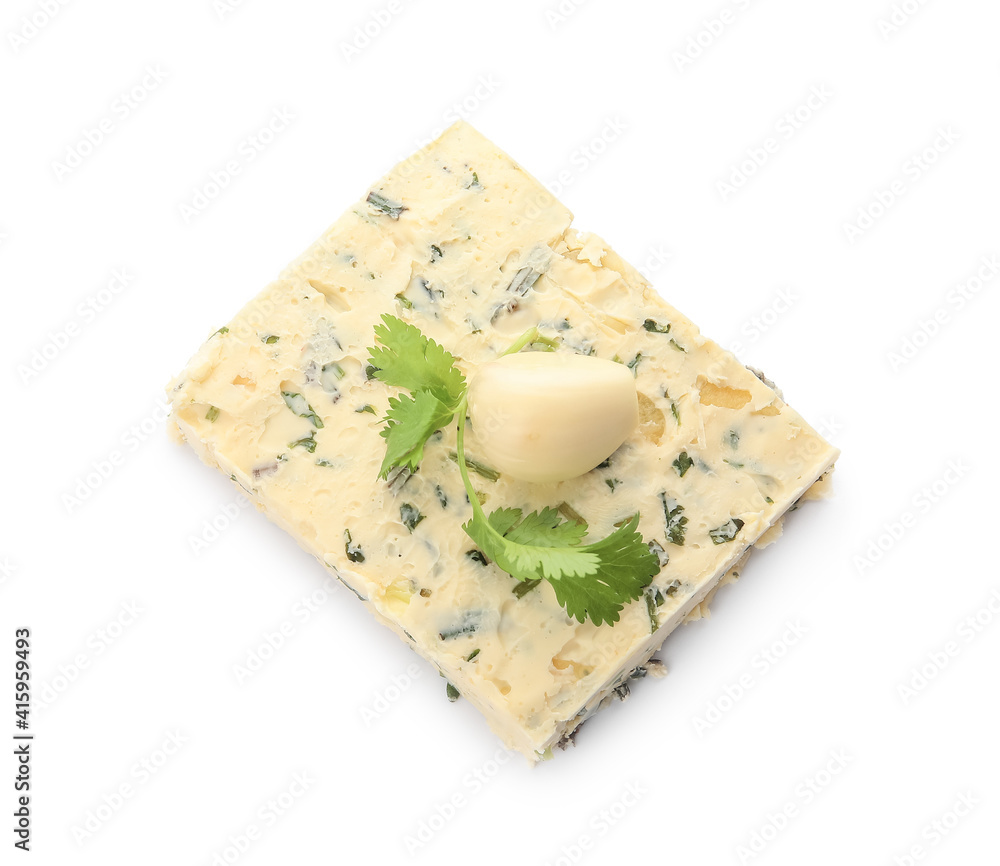 Tasty garlic butter on white background