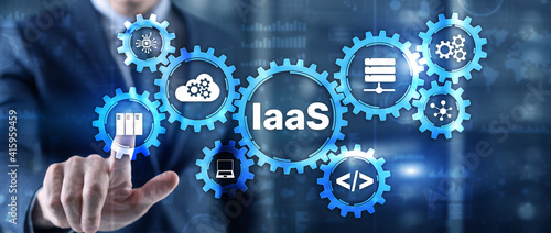 IaaS Infrastructure as a Service. Blue Online Gear Internet and networking concept