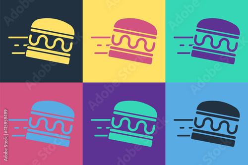 Pop art Online ordering and burger delivery icon isolated on color background. Vector.