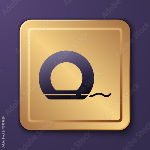 Purple Dental floss icon isolated on purple background. Gold square button. Vector.