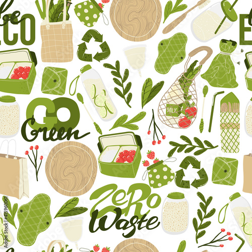 Eco friendly lifestyle. Seamless pattern with  reusable and recyclable objects and eco friendly motivation quote.  Layout design bestt for prints, banners, web, eco posters or textile