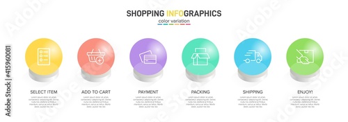 Concept of shopping process with 6 successive steps. Six colorful graphic elements. Timeline design for brochure, presentation, web site. Infographic design layout.