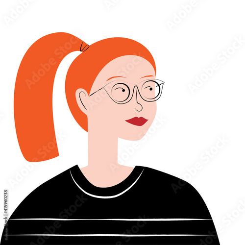 Portrait of a young redhead woman in glasses. Flat vector illustration with a girl on white background