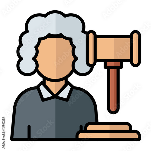 Lawyer, Judge Curly Hair with Hammer Concept Vector Color Icon Design, Lawyer and Legal system Symbol on white background