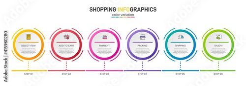 Concept of shopping process with 6 successive steps. Six colorful graphic elements. Timeline design for brochure, presentation, web site. Infographic design layout.