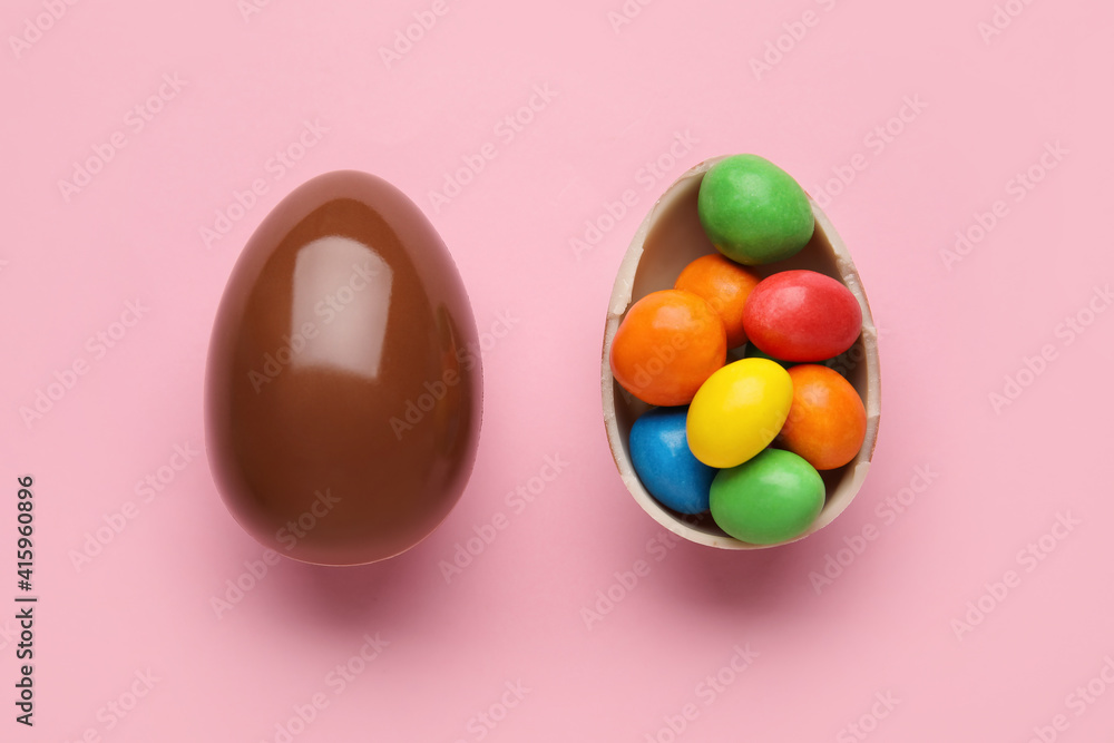 Chocolate Easter eggs on color background Chocolate Easter eggs on color background