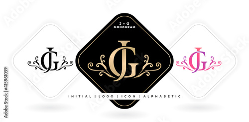 JG or GJ initial letter and graphic name, JG or GJ Monogram, for Wedding couple logo monogram, logo company and icon business, with three colors variation designs with isolated white backgrounds photo