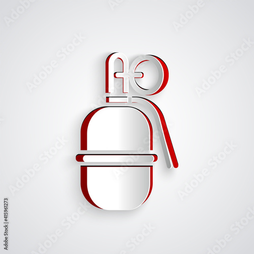 Paper cut Hand grenade icon isolated on grey background. Bomb explosion. Paper art style. Vector.
