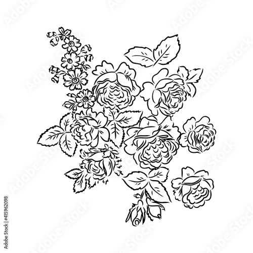 Black silhouette of rose isolated over white. Vector illustration. rose, vector sketch on a white background