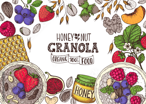Granola illustration. Oat flakes , berries, fruits and nuts. Breakfast top view frame. Morning food menu design. Hand drawn vector illustration.