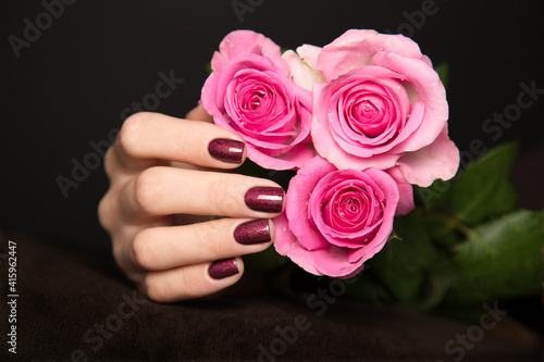 Crop female hand with manicure holding roses. Closeup hand of woman with elegant vinous manicure touching buds of blooming pink roses