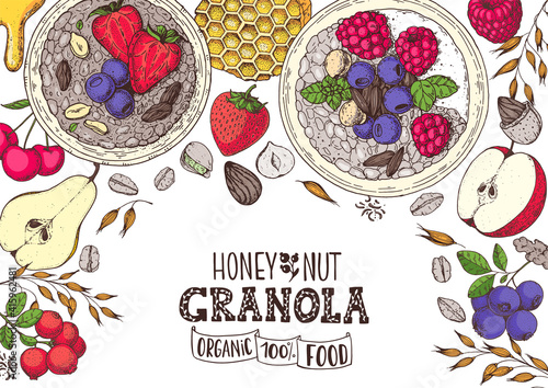 Granola illustration. Oat flakes , berries, fruits and nuts. Breakfast top view frame. Morning food menu design. Hand drawn vector illustration.