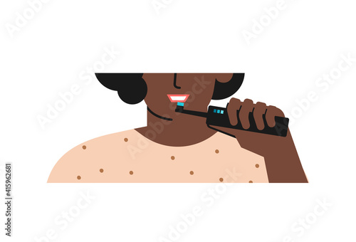 Vector isolated illustration. Close up portrait of African American woman cleaning teeth by electric toothbrush to save its healthy. Daily dental routine to prevent caries, plaque and remove tartar
