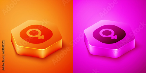Isometric Venus symbol icon isolated on orange and pink background. Astrology, numerology, horoscope, astronomy. Hexagon button. Vector.