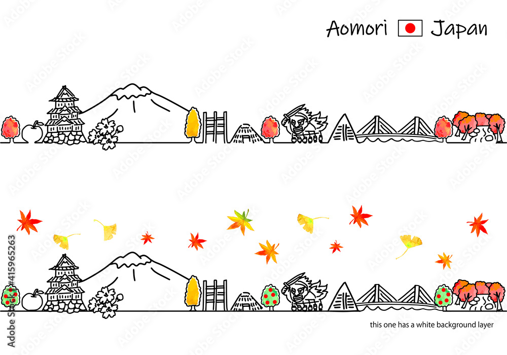 秋の青森の観光地の街並みシンプル線画イラストセット Stock Vector Adobe Stock