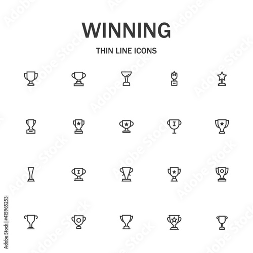 Winning cup line icon set.