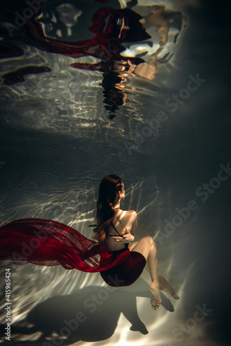 Fototapeta Naklejka Na Ścianę i Meble -  Underwater woman portrait in swimming pool.