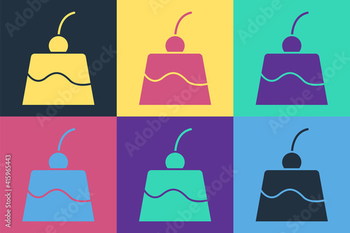 Pop art Pudding custard with caramel glaze icon isolated on color background. Vector.