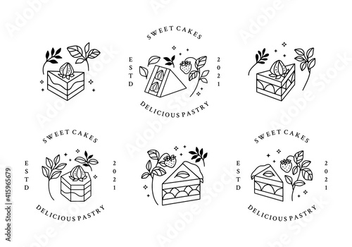 Set of hand drawn cake, pastry and bakery logo elements isolated on white background