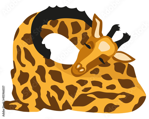 Vector flat sleeping baby giraffe. Bright illustration for books, print, fabrics, children`s design and more. Isolated on white background