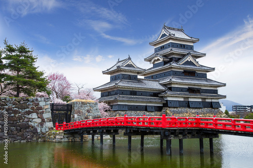 View of Matsumoto castle during Cherry Blossom full bloom   Nagano Prefecture  Japan.