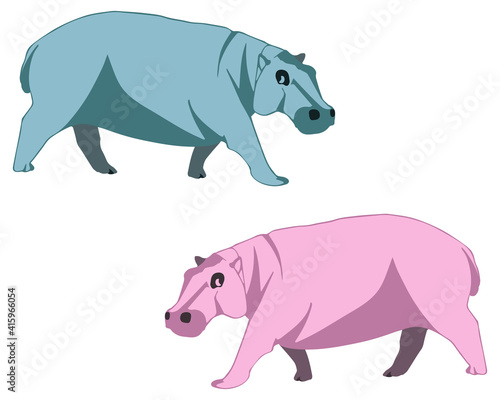 Set of two vector flat hippopotamuses in pink and blue colors isolated on white background. Bright design with hippo for children  paper  fabrics  web  stickers and other purposes.