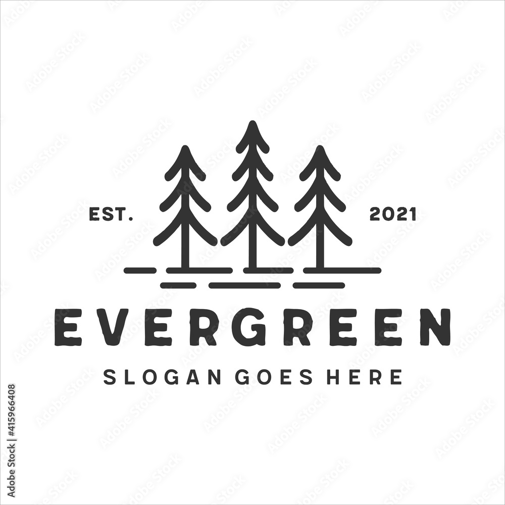 retro vintage, evergreen pine tree line art logo. design template, vector illustration.