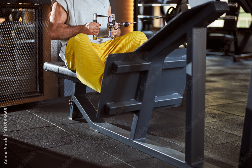 Fototapeta premium Fit man exercising on a sitting rowing machine at gym
