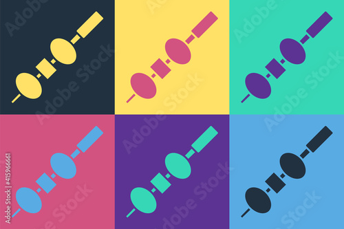 Pop art Olive and cheese on chopstick icon isolated on color background. Canape, tapas with cheese and olive. Vector.