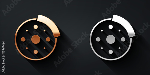 Gold and silver Bicycle brake disc icon isolated on black background. Long shadow style. Vector.