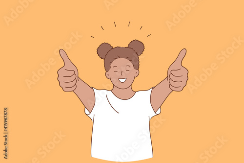 Happiness, happy childhood, positive emotion concept. Smiling cheerful girl african american standing and showing thumbs up signs with fingers over orange background vector illustration 