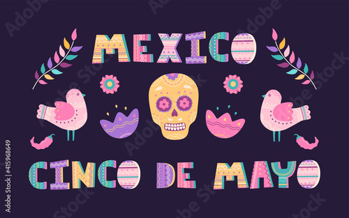 Cinco de Mayo banner with traditional Mexican symbols of holiday skull, birds, red pepper and colourful flowers. Hand drawn greeting card template in flat cartoon style, isolated on blue background