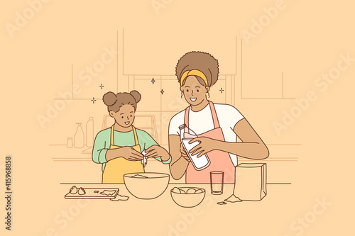 Cooking together and spending time with children concept. Young smiling beautiful African American woman mother and her daughter cooking in kitchen together mixing ingredients vector illustration 