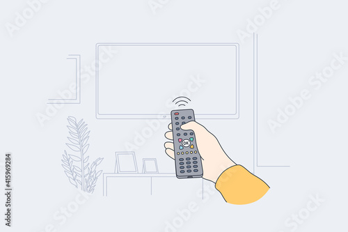 Television, home entertainment concept. Human hand with tv remote control switching television on at home for watching movies and programs vector illustration 
