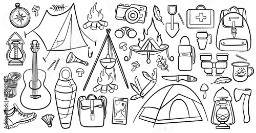Set of doodle forest camping design elements. Hand drawn hiking and camping doodles perfect for summer camp flyers and posters.