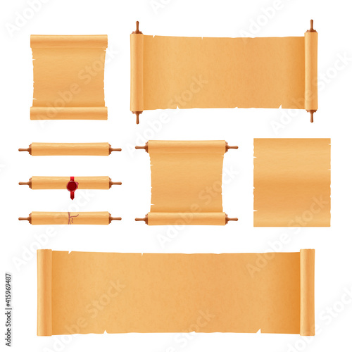 Set of scrolls ancient papyrus, parchment and old paper a vector illustration