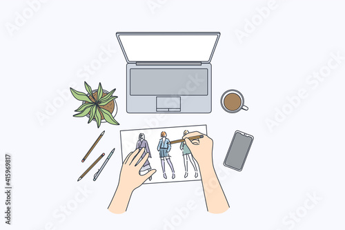 Professional fashion designer during work concept. Hands of clothes designer drawing sketches for new collection with laptop and smartphone on table vector illustration, top view 