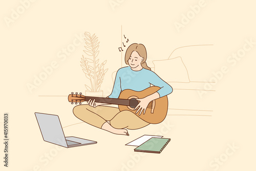 Hobby, leisure activities during quarantine concept. Young teen smiling girl sitting at home and learning playing guitar during online training during coronavirus pandemic and lockdown illustration 