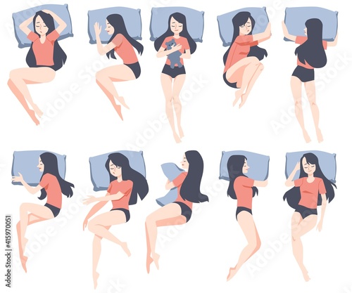 Set of woman in different sleeping poses, flat vector illustration isolated.