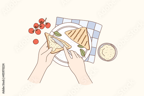 Cooking, food preparation, breakfast concept. Human hands making sandwich with cherry tomato cream cheese and herbs for lunch or breakfast over table vector illustration, top view 