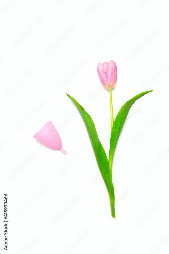 Menstrual cup and tulip flower lie on white. Comparison of size and shape. Beauty of nature. Feminine hygiene concept. Menstrual cup and tulip flower lie on white. Comparison of size and shape. Beauty of nature. Feminine hygiene concept.