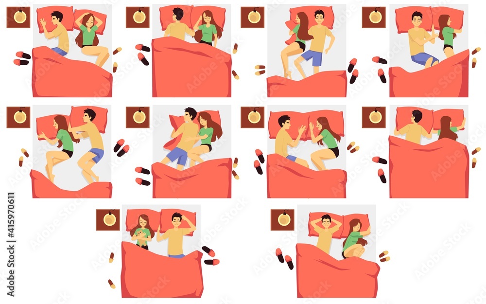 Couple in different sleeping positions in bed with pillow and blanket