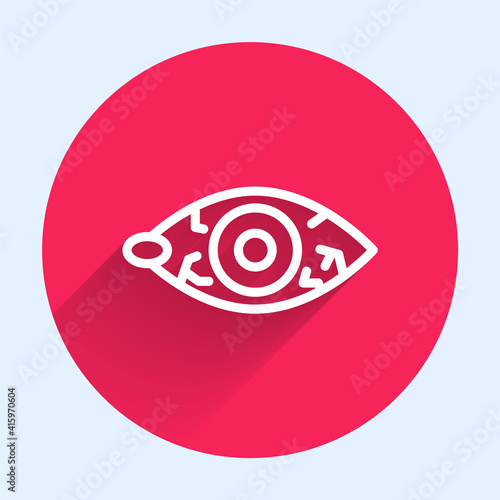 White line Reddish eye due to viral, bacterial or allergic conjunctivitis icon isolated with long shadow. Red circle button. Vector.