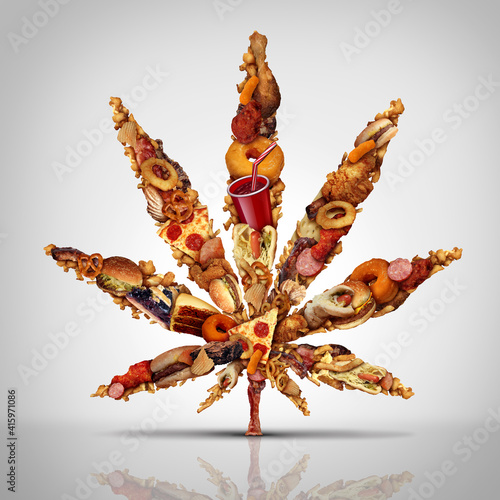 Cannabis munchies and marijuana hunger for increased cravings for snacks and increased appetite due to smoking weed or pot products containing THC as a symbol for feeling hungry after getting high photo