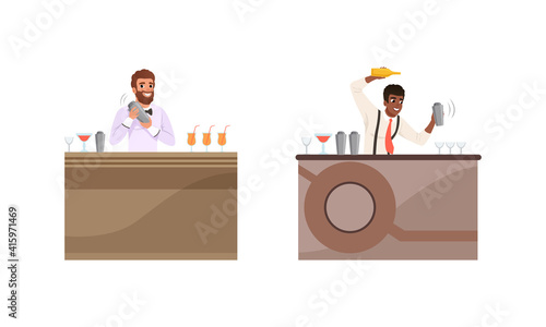 Barmen Preparing Alcoholic Cocktails at Bar Counter Set, Bartenders Characters Mixing Ingredients and Pouring Ready Drinks in Glass Cartoon Vector Illustration