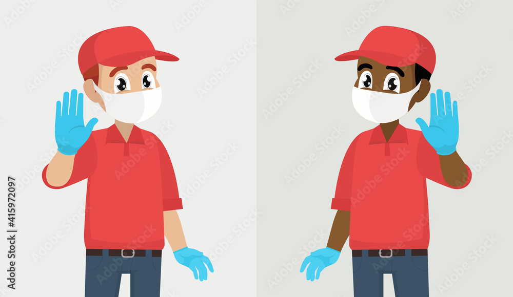 Courier or deliveryman in mask and gloves showing stop sign with palm. Corona virus epidemic outbreak. Courier or deliveryman in mask and gloves showing stop sign with palm. Corona virus epidemic outbreak.
