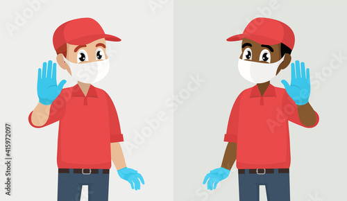 Courier or deliveryman in mask and gloves showing stop sign with palm.  Corona virus epidemic outbreak.