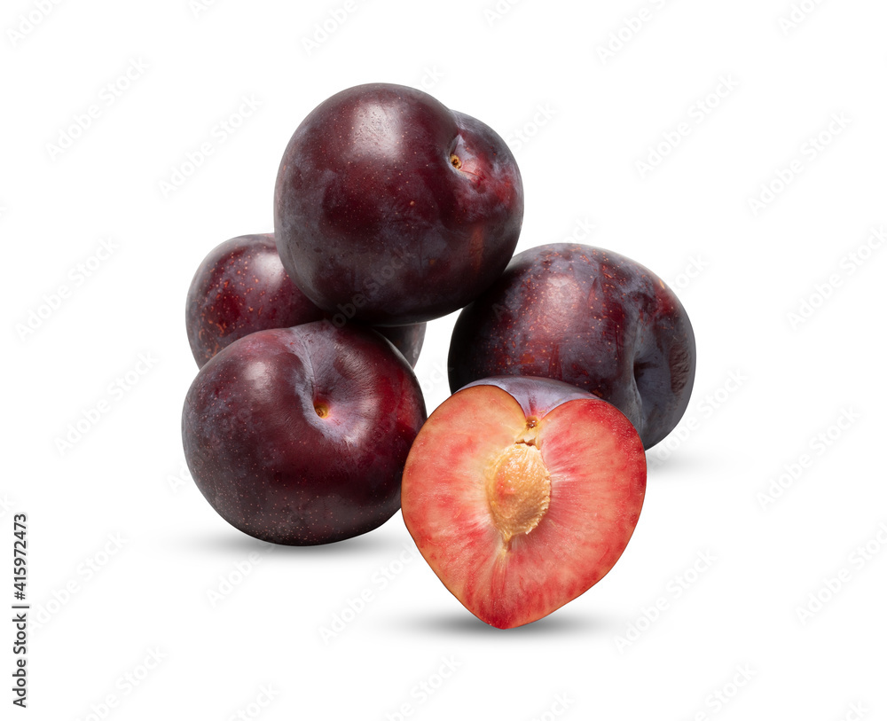 plums pile  red purple isolated on white background with clipping​ path​